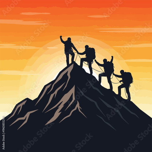 Silhouetted climbers ascend a mountain peak, bathed in an orange sunset
