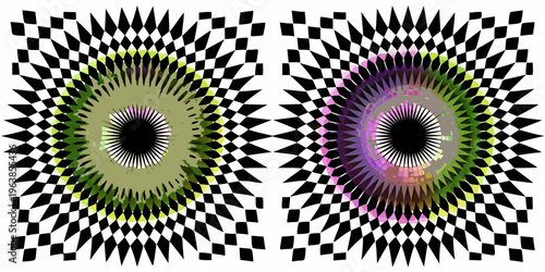 Optical illusion featuring two reptile eyes with swirling colorful patterns