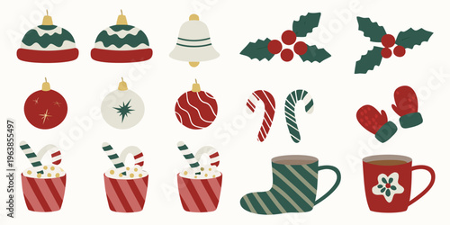 Festive christmas decorations including ornaments candy canes and hot cocoa