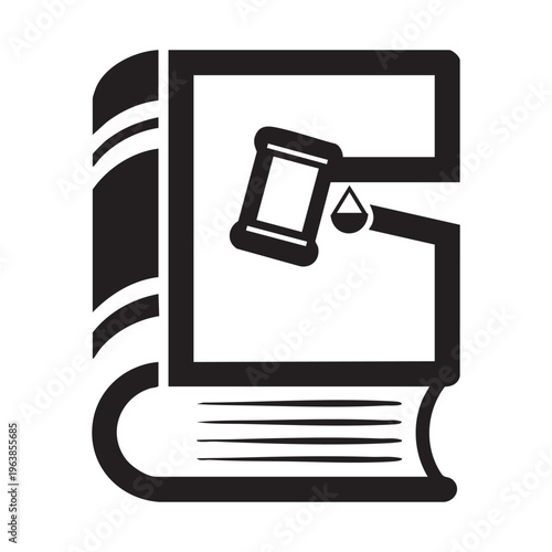 A black and white icon of a book with a gavel