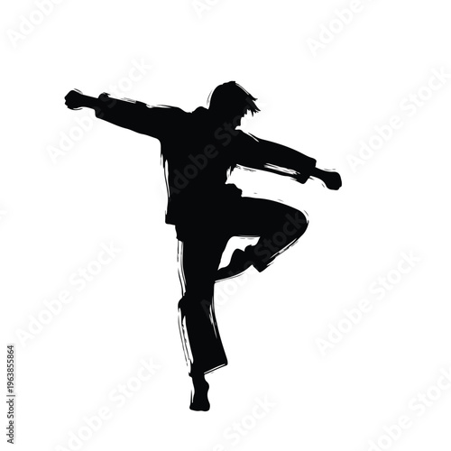 Silhouetted figure in martial arts stance, dynamic brushstroke style