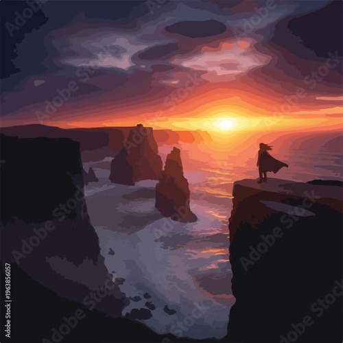 Silhouetted figure on a cliff, overlooking the ocean at sunset