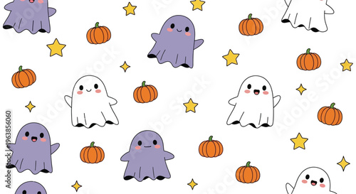 Cute cartoon ghosts and pumpkins.