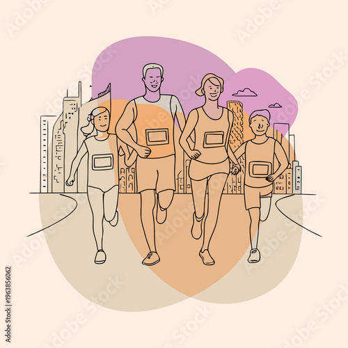 Happy family of four running together in a city marathon wearing race bibs and athletic clothing for health and fitness goals.
