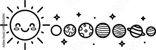 Solar system illustration with smiling sun and planets