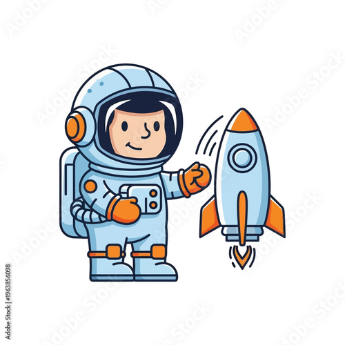 A cute cartoon astronaut in a spacesuit standing next to a launching rocket, depicting space exploration.