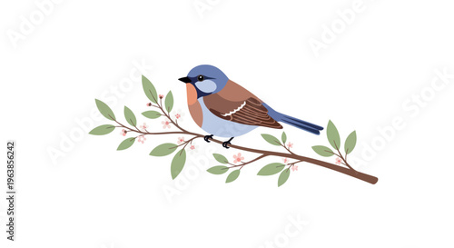 Small Blue Bird Perched on Branch.
