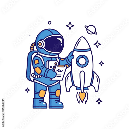 A cartoon astronaut in a blue spacesuit holding a clipboard next to a white rocket with flames, surrounded by stars and a planet.