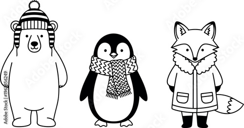 Three winter friends standing together in a line