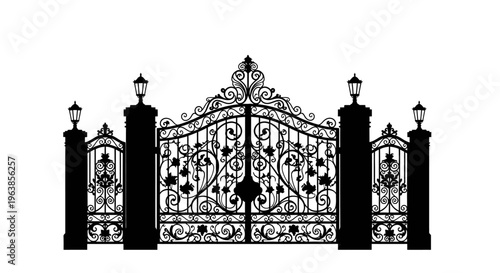 Ornate Metal Gate with Decorative Posts.