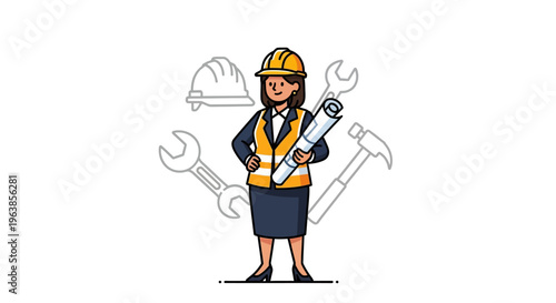 Female Construction Worker Holding Tools.
