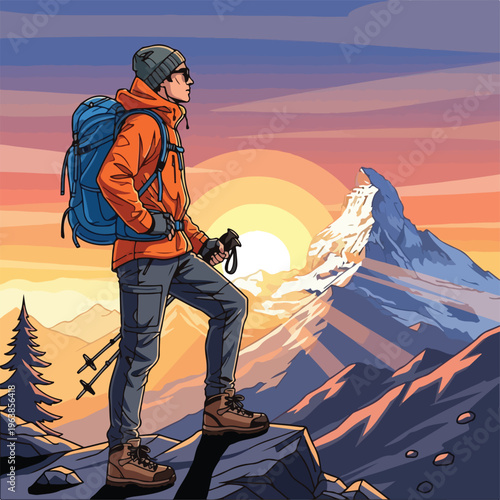 Pixelated illustration of a hiker looking at a mountain range at sunrise