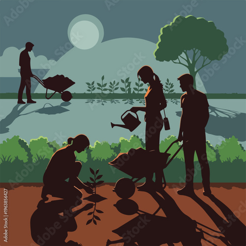 Silhouetted figures in a garden setting, planting, tending plants, with tools
