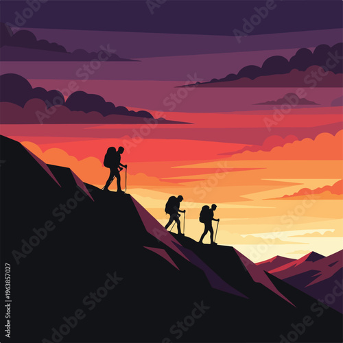 Silhouetted hikers climb a mountain at sunset with vibrant sky