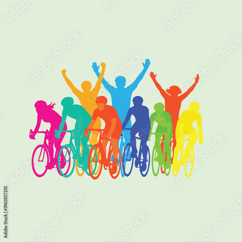 Silhouetted illustration of cyclists racing, with some raising arms