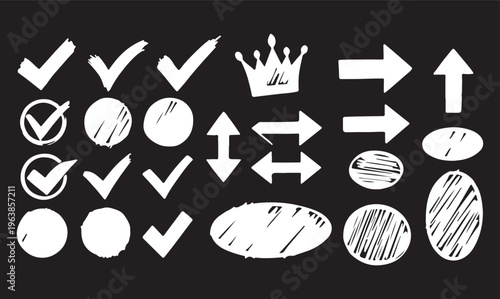 A practical set of hand-drawn interface elements and icons in white over a dark background. Featuring various checkmarks, directional arrows, a crown, and sketched circles or ovals.