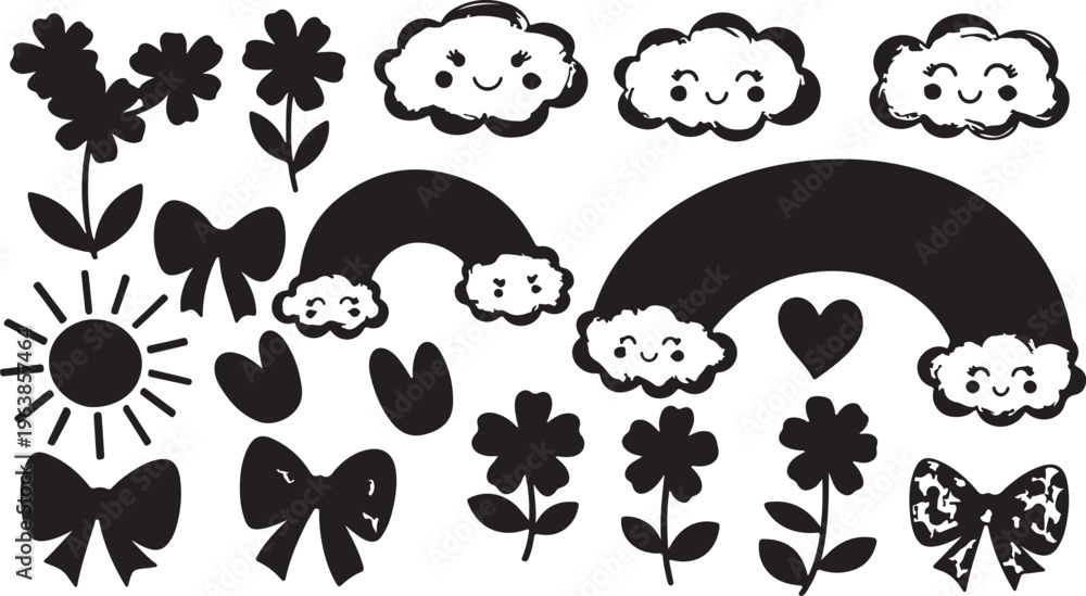 Obraz premium A charming, whimsical black-and-white collection of silhouettes and line art doodles of hand-drawn vector illustrations featuring smiling clouds, rainbows, suns, flowers, and bows. 