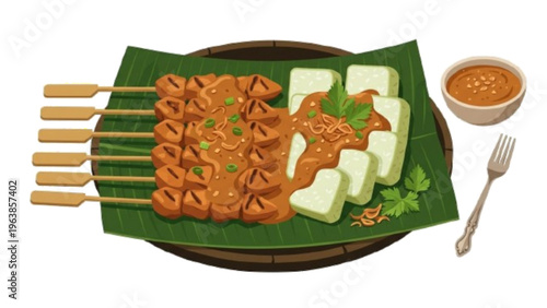 Indonesian Chicken Satay with Peanut Sauce on Banana Leaf