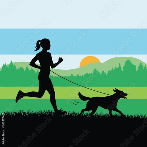 Silhouetted runner with pet dog enjoy a run in nature at sunset