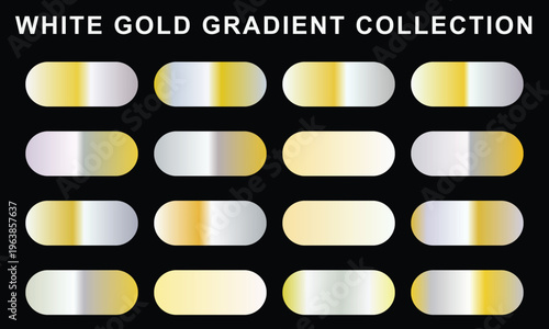 A curated digital collection presenting various elegant white and gold gradient swatches for modern graphic design projects and luxury backgrounds, viewed flat.
