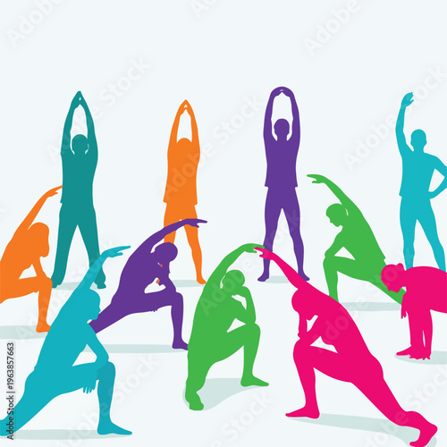 Silhouettes of people stretching in various yoga poses against white backdrop