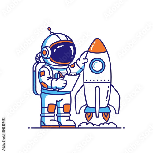 Cartoon astronaut inspecting a rocket with a clipboard and pen, ready for launch and space exploration.