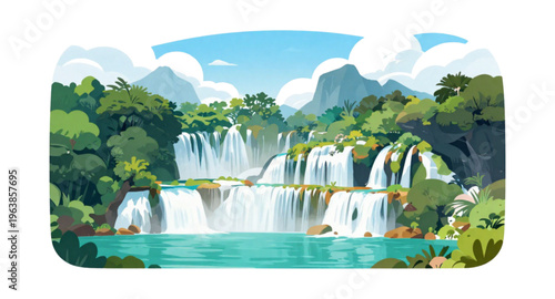 The Beautiful Panorama of a Multi-Tiered Waterfall in a Tropical Forest