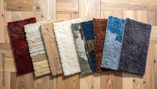 A collection of carpet swatches in various colors