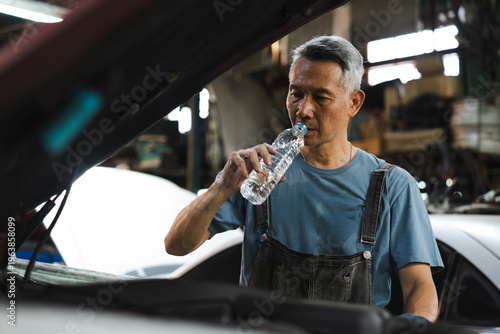 Quadro su tela Asian mechanic car repair auto workshop drinking water blue shirt overall senior