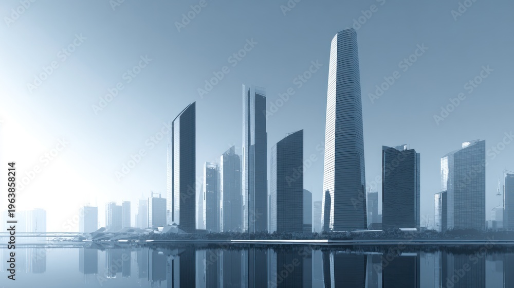 Obraz premium Modern cityscape with skyscrapers reflected in water on a clear day