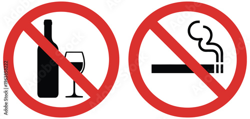 no alcohol and no smoking prohibition signs, representing health safety rules and restricted behavior, flat vector illustration for public places, workplace, and safety awareness themes.