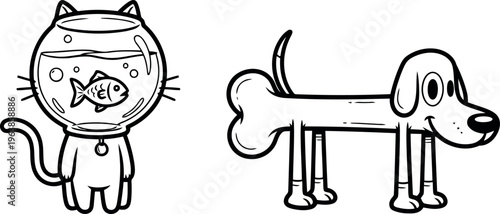 A cat and dog cartoon illustration with simple lines