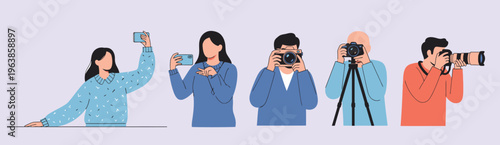 Six people capture moments with cameras of various sizes. One kneels, focused, ready to frame the perfect shot. Another holds a smartphone, sharing a personal moment