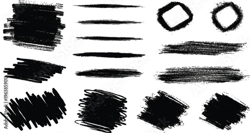 A versatile set of hand-drawn black ink elements, including expressive scribbles, grungy brush strokes, and distressed geometric frames.