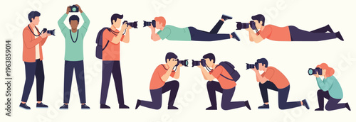 Photographers capture moments in dynamic poses. Each figure focuses intently through camera lenses. They kneel, crouch, or lie low to frame perfect shots