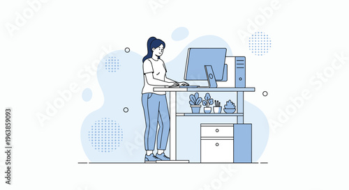 A young woman is standing and working at a standing desk with a laptop showcasing a modern and healthy workspace setup high quality