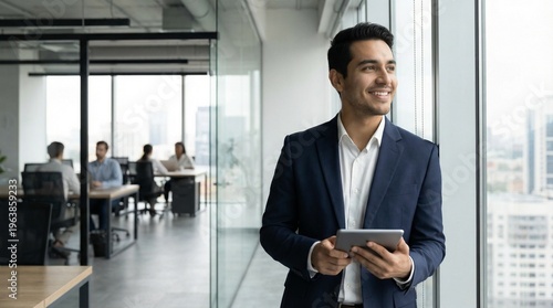 Happy Young Hispanic Businessman Holding Digital Tablet in Office