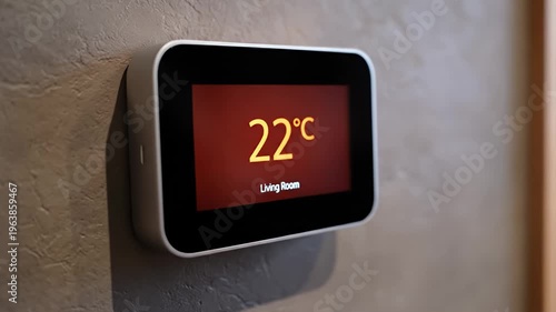 Person adjusts smart thermostat in living room for temperature control.