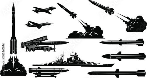Military missiles aircraft warship silhouette illustration, defense technology artwork, modern warfare design concept, black and white vector template set