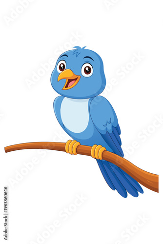 Cute blue bird sitting on tree  branch cartoon vector illustration isolated on white background