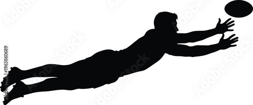 Football diving catch silhouette illustration, sports action artwork, athletic motion design concept, black and white vector template collection set