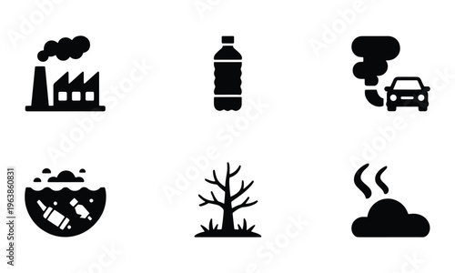 Environmental pollution icons depicting industrial smoke, plastic bottles, car fumes, polluted water, and barren trees.