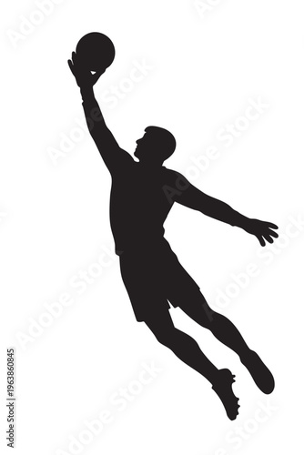 Goalkeeper jumping high to catch the soccer ball silhouette vector for sport competition.