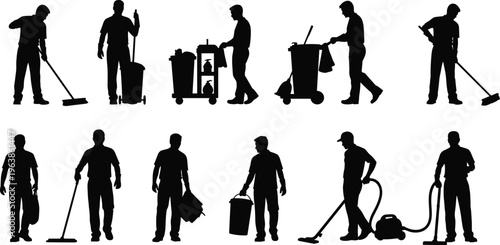 A collection of silhouetted figures depicts various janitorial staff engaged in cleaning tasks with tools and equipment high quality professional detailed modern elegant