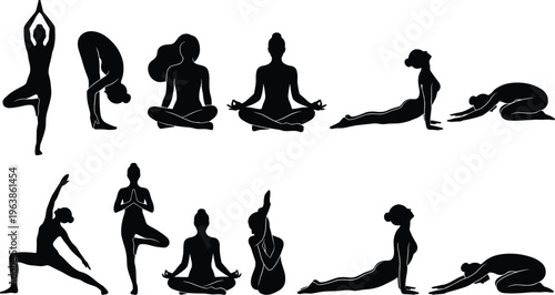 A collection of black silhouettes depicts various yoga poses showcasing flexibility mindfulness and a holistic approach to wellness high quality professional detailed modern