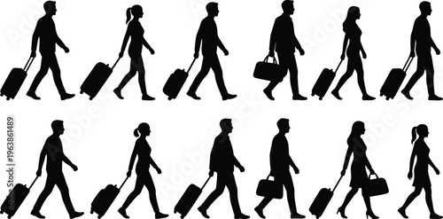 A collection of silhouetted figures both men and women are depicted walking while carrying luggage and bags high quality professional detailed modern elegant