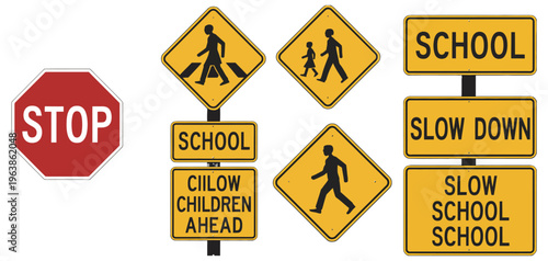 school zone traffic signs collection, stop children crossing slow warning symbols, vector illustration isolated on white background, set for road safety, pedestrian protection, and educational signage