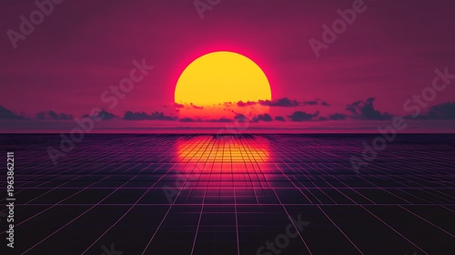 Vibrant digital sunset with grid clouds and radiant orb over water