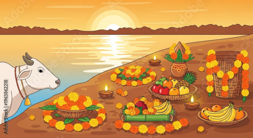 Cow by serene water with vibrant offerings and decorations at sunset celebrating a traditional festival with fruits and flowers