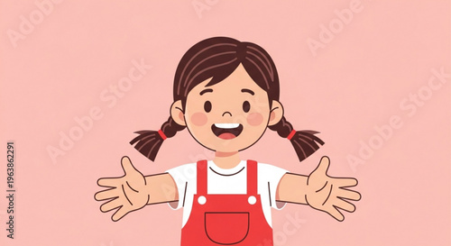 Happy cartoon girl with outstretched arms inviting embrace simple flat illustration for childrens themes and joyful concepts